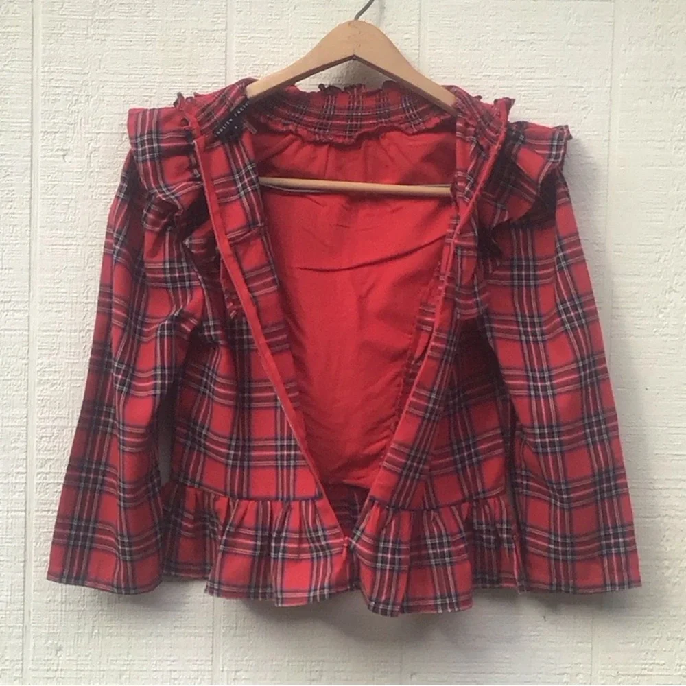 English Factory tartan ruffle blouse